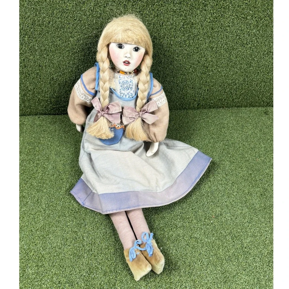 Vintage Porcelain Face Cloth Body Doll Blonde Braids Prairie Dress‎ 34in